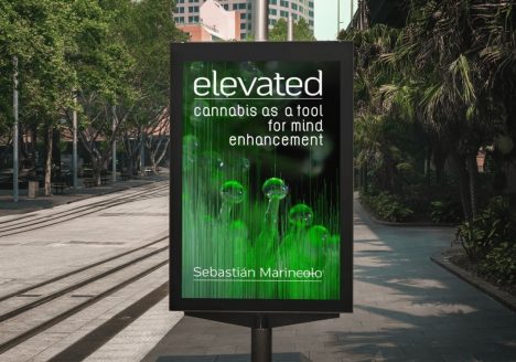 Billboard of book "Elevated. Cannabis as a Tool for Mind Enhancement" by Sebastian Marincolo, with trichomes of cannabis plant on the cover, cannabis and creativity